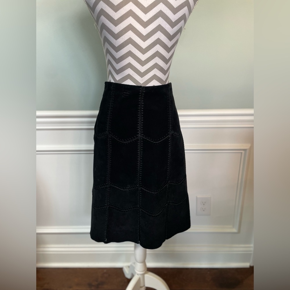 AREA “VTG” Black Suede Patchwork Whipstitch Crochet Midi Skirt Size 12 - Picture 6 of 11